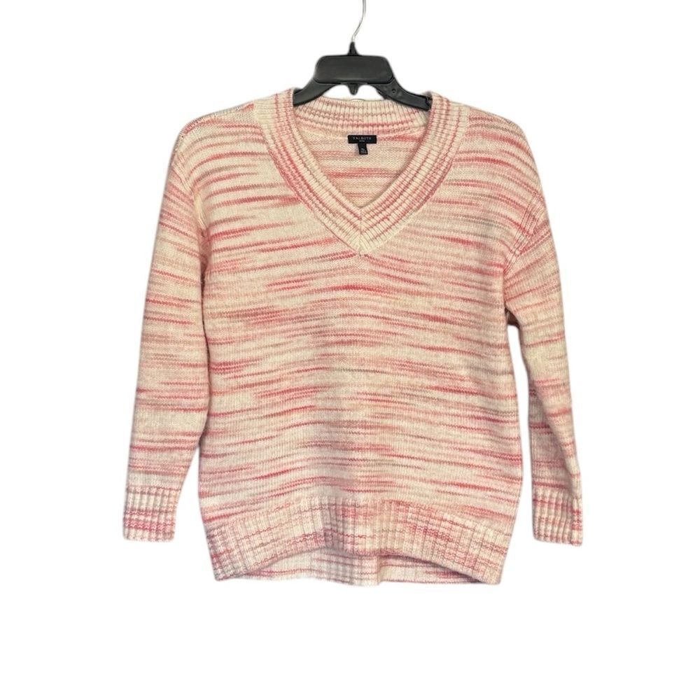 Talbots Women’s Soft Knit V-Neck White Pink Size Mp Ribbed Trim Winter Sweater